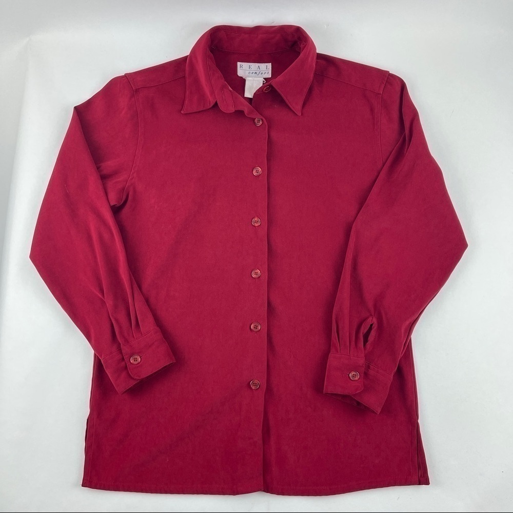 Real Comfort Button Up Shirt Womens Red Long Sleeve